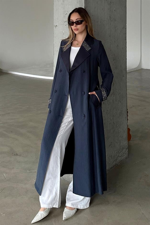 Unlined Cape with Stone Embellished Collar and Cuffs NAVY 6743