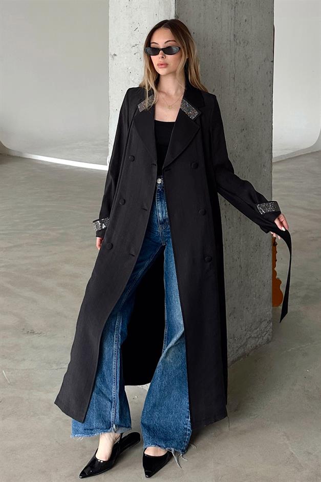 Unlined Cape with Stone Embellished Collar and Cuffs BLACK 6743