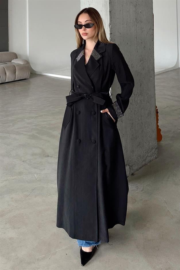 Unlined Cape with Stone Embellished Collar and Cuffs BLACK 6743