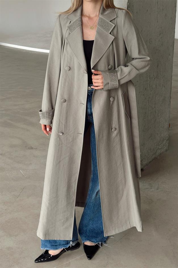 Unlined Cape with Stone Embellished Collar and Cuffs GREY 6743