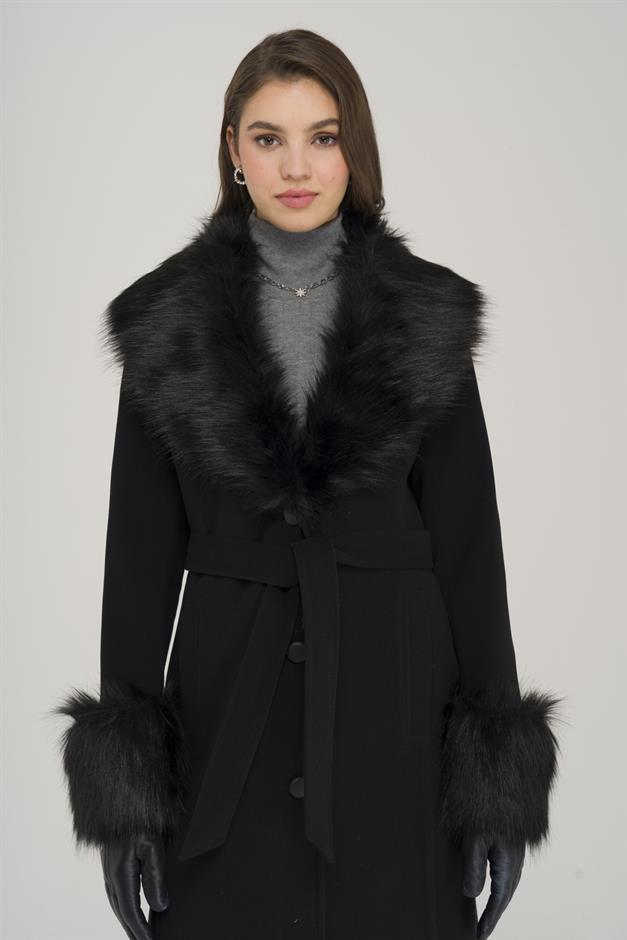 Mid-Length Coat with Detachable Fur Collar and Sleeves and Button Closure BLACK 3905