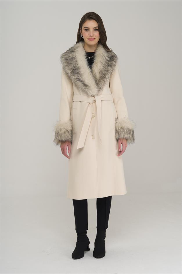 Mid-Length Coat with Detachable Fur Collar and Sleeves and Button Closure IVORY 3905