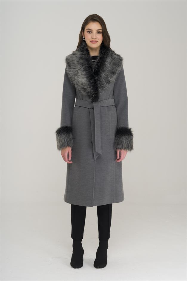 Mid-Length Coat with Detachable Fur Collar and Sleeves and Button Closure GREY 3905