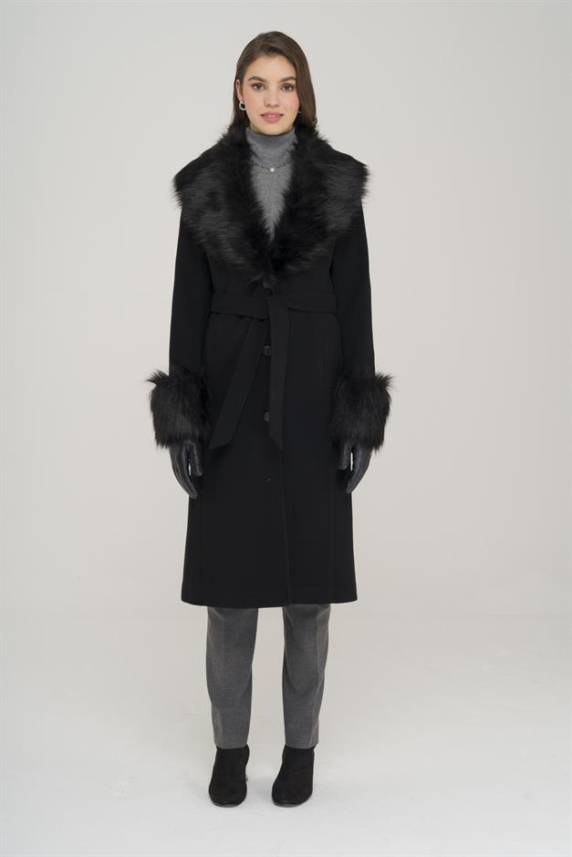 Mid-Length Coat with Detachable Fur Collar and Sleeves and Button Closure BLACK 3905