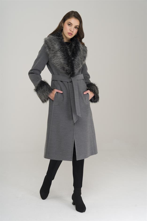 Mid-Length Coat with Detachable Fur Collar and Sleeves and Button Closure GREY 3905