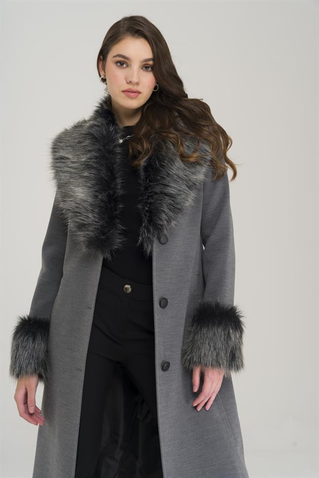 Mid-Length Coat with Detachable Fur Collar and Sleeves and Button Closure GREY 3905