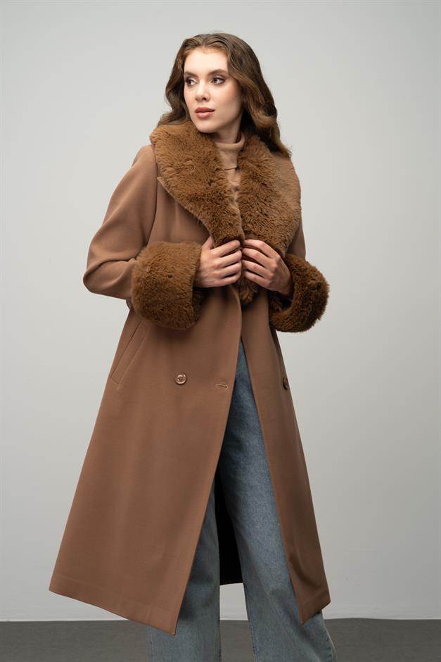 Fur-Lined Double-Breasted Mid-Length Coat with Detachable Collar and Sleeves CAMEL 3043