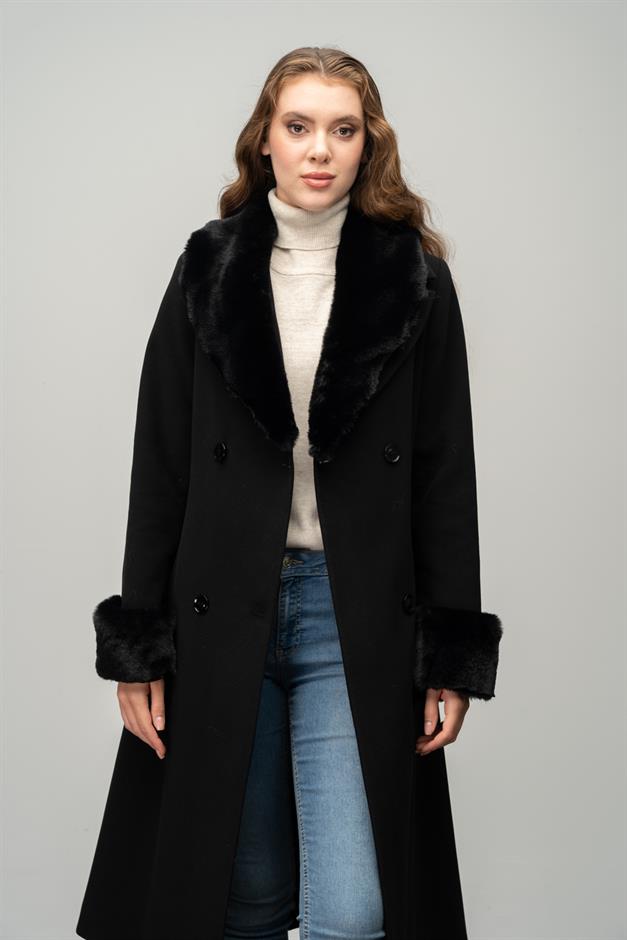 Yakası ve Kolları Çıkabilen Kürklü Kruvaze Ara Boy Kaban SİYAH 3043