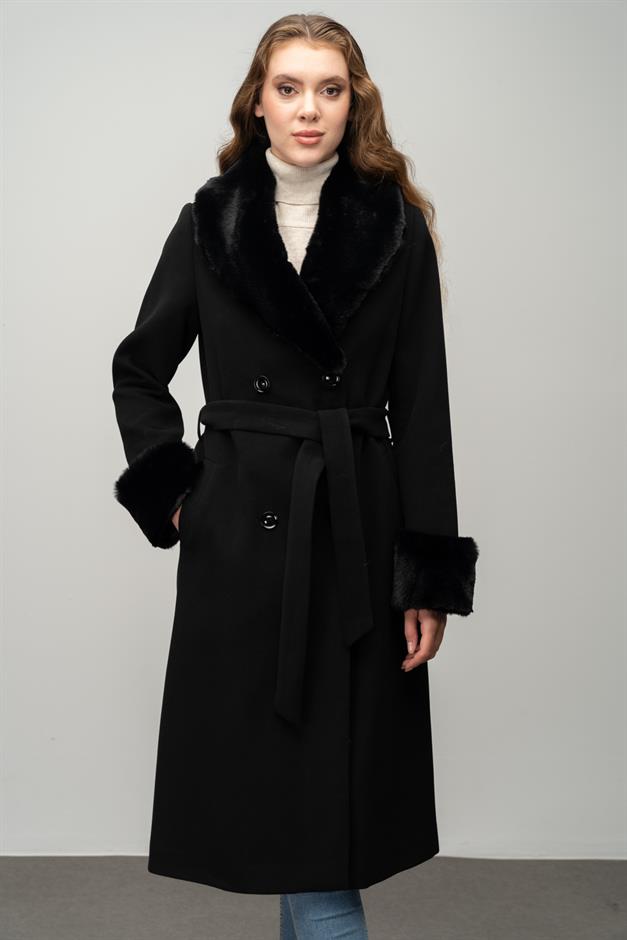 معطف متوسط الطول مبطن بالفرو، مزدوج الصدر، مع ياقة وأكمام قابلة للفصل أسود 3043