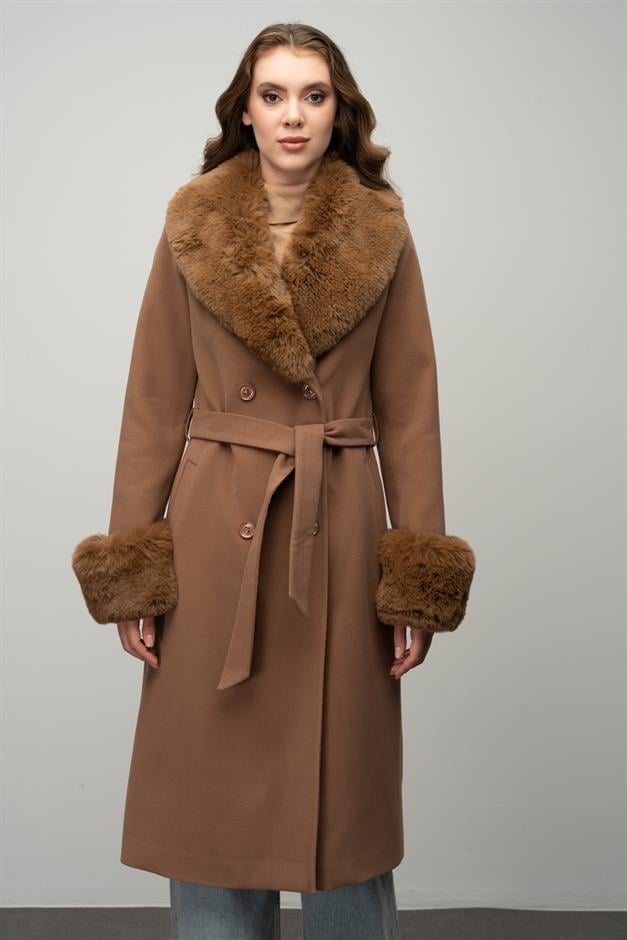 Fur-Lined Double-Breasted Mid-Length Coat with Detachable Collar and Sleeves CAMEL 3043