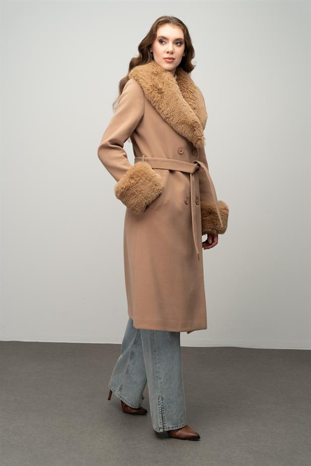 Fur-Lined Double-Breasted Mid-Length Coat with Detachable Collar and Sleeves CAMEL 3043