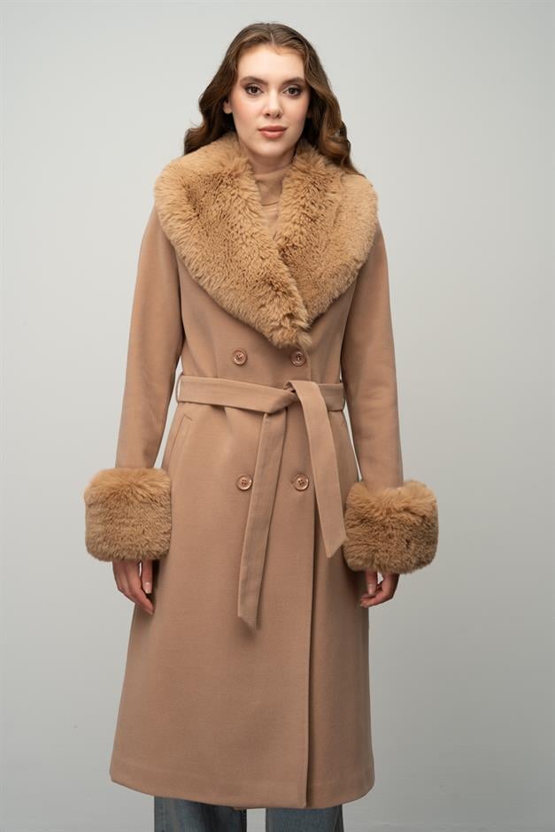 Fur-Lined Double-Breasted Mid-Length Coat with Detachable Collar and Sleeves CAMEL 3043