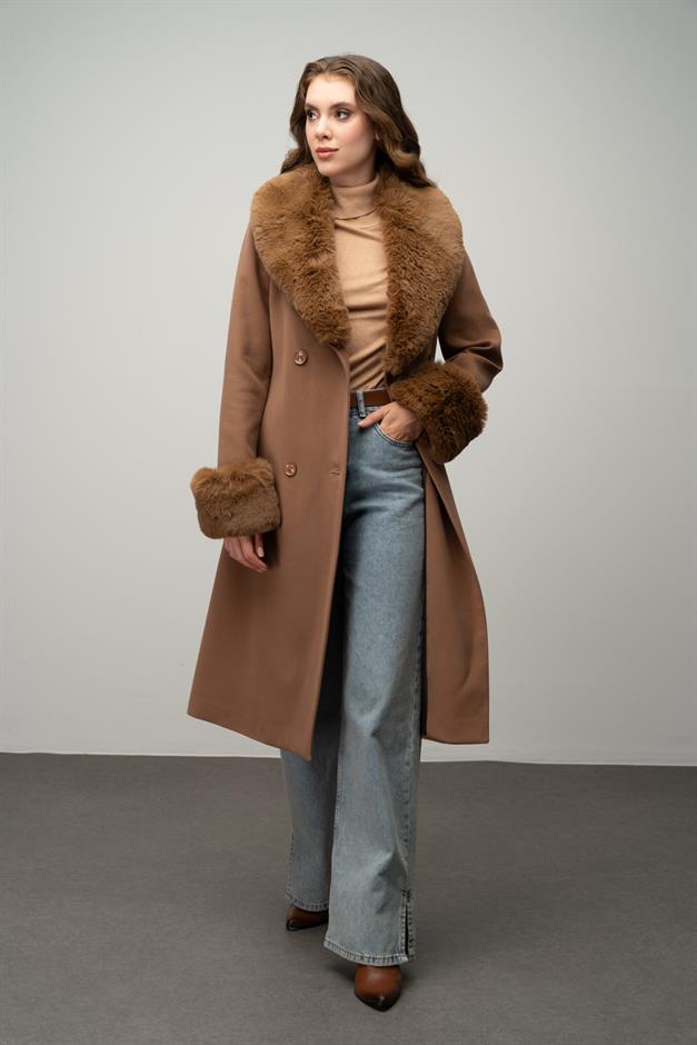 Fur-Lined Double-Breasted Mid-Length Coat with Detachable Collar and Sleeves CAMEL 3043