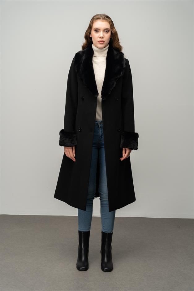 Yakası ve Kolları Çıkabilen Kürklü Kruvaze Ara Boy Kaban SİYAH 3043