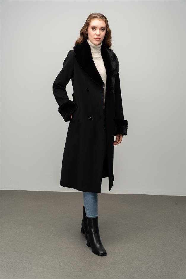 معطف متوسط الطول مبطن بالفرو، مزدوج الصدر، مع ياقة وأكمام قابلة للفصل أسود 3043