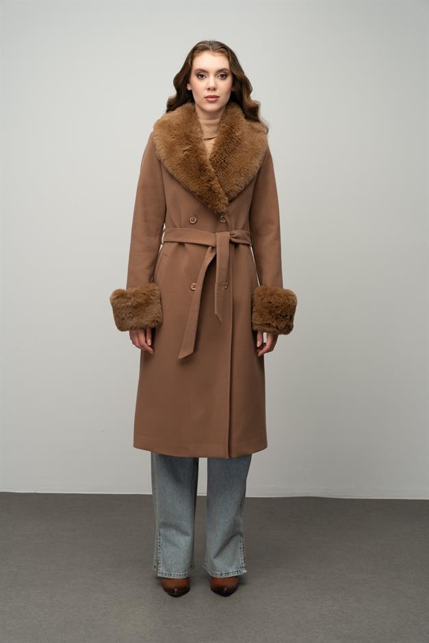 Fur-Lined Double-Breasted Mid-Length Coat with Detachable Collar and Sleeves CAMEL 3043