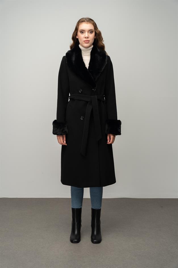 معطف متوسط الطول مبطن بالفرو، مزدوج الصدر، مع ياقة وأكمام قابلة للفصل أسود 3043