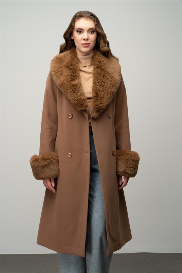 Fur-Lined Double-Breasted Mid-Length Coat with Detachable Collar and Sleeves CAMEL 3043