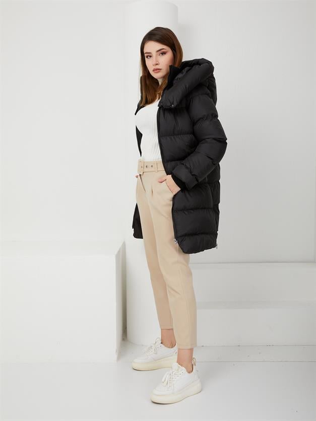 Puffer Jacket with Knitted Collar and Sleeves and Side Zipper BLACK 6298