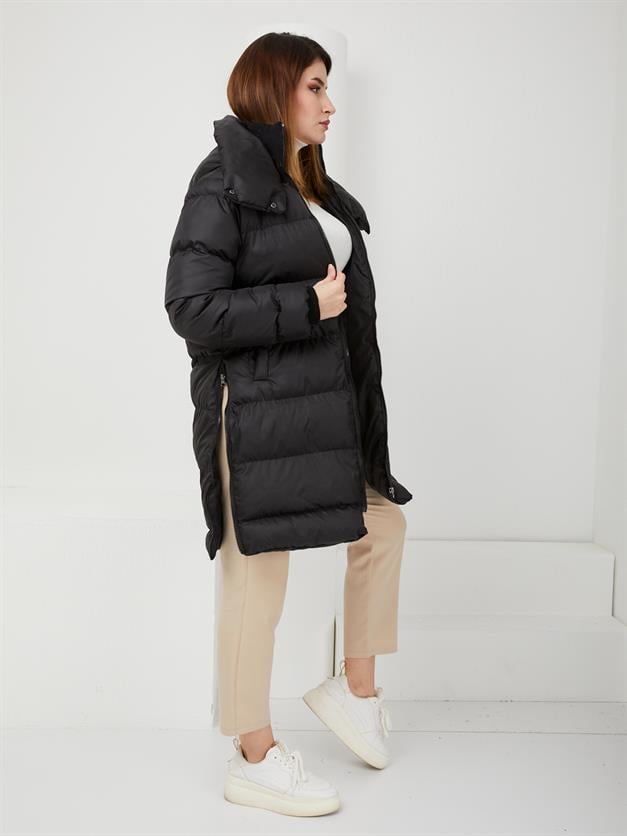 Puffer Jacket with Knitted Collar and Sleeves and Side Zipper BLACK 6298
