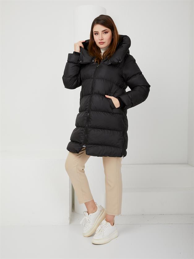 Puffer Jacket with Knitted Collar and Sleeves and Side Zipper BLACK 6298