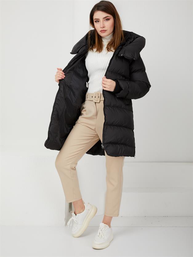 Puffer Jacket with Knitted Collar and Sleeves and Side Zipper BLACK 6298