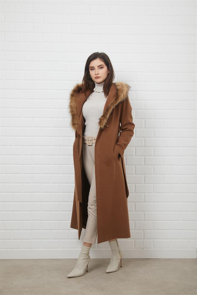Furry Hooded Coat with Side Fastening and Snap Closure CAMEL 3697
