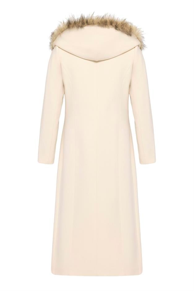 Furry Hooded Coat with Side Fastening and Snap Closure IVORY 3697