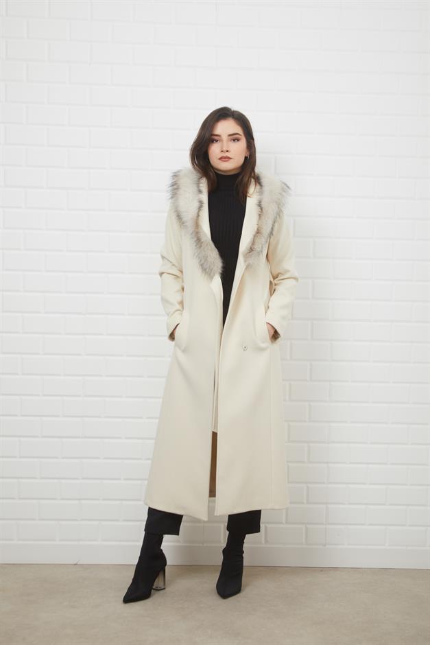 Furry Hooded Coat with Side Fastening and Snap Closure IVORY 3697