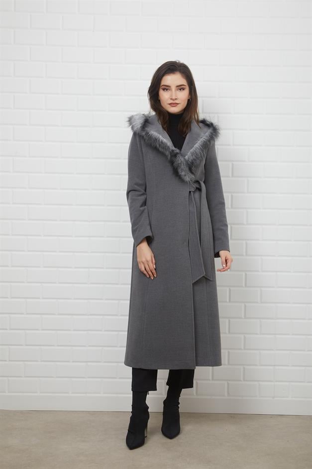 Furry Hooded Coat with Side Fastening and Snap Closure GREY 3697
