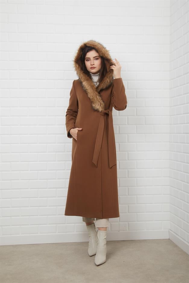 Furry Hooded Coat with Side Fastening and Snap Closure CAMEL 3697