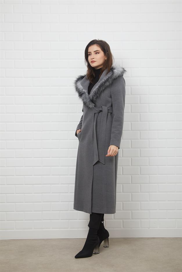 Furry Hooded Coat with Side Fastening and Snap Closure GREY 3697