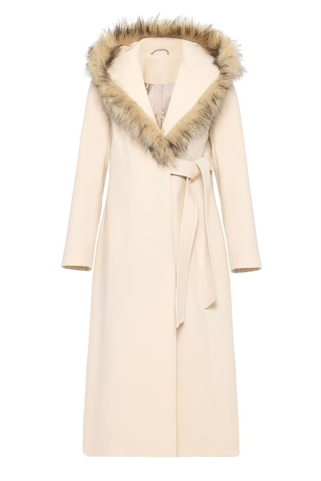 Furry Hooded Coat with Side Fastening and Snap Closure IVORY 3697