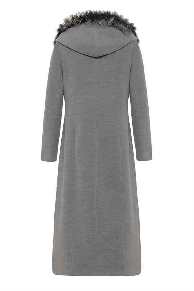 Furry Hooded Coat with Side Fastening and Snap Closure GREY 3697