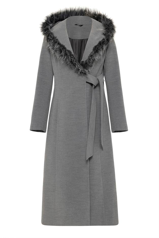 Furry Hooded Coat with Side Fastening and Snap Closure GREY 3697