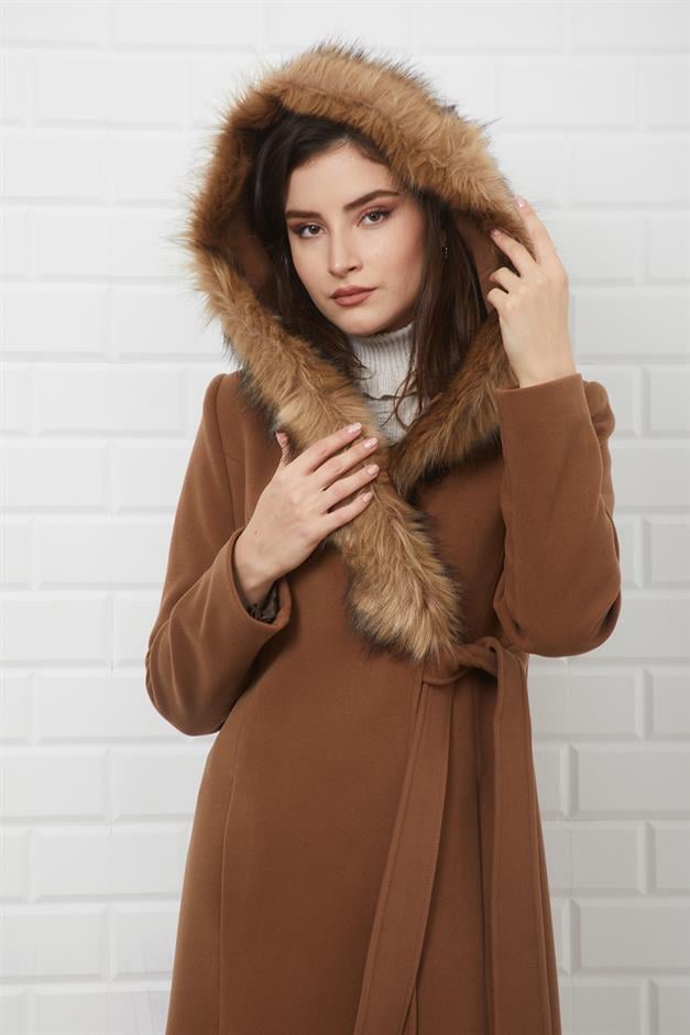 Furry Hooded Coat with Side Fastening and Snap Closure CAMEL 3697