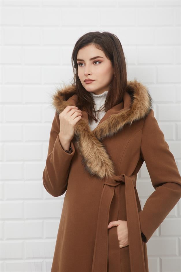 Furry Hooded Coat with Side Fastening and Snap Closure CAMEL 3697