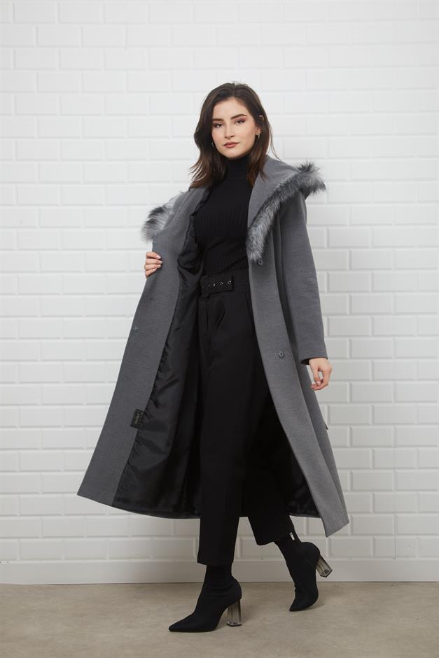 Furry Hooded Coat with Side Fastening and Snap Closure GREY 3697