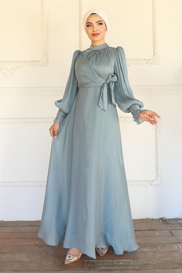 فستان سهرة حرير من يوريو مع تفاصيل رباط جانبي أخضر مائي 1241