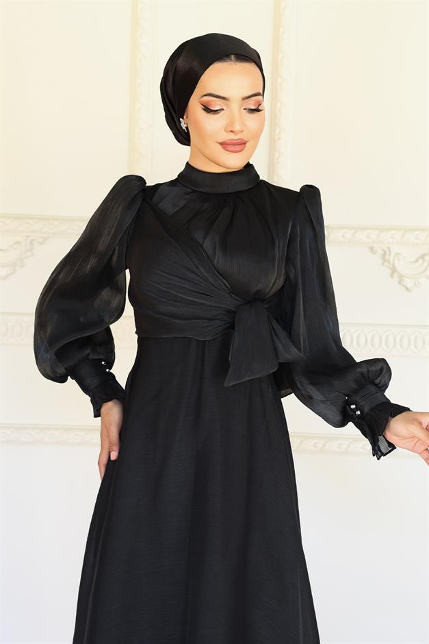 فستان سهرة حرير من يوريو مع تفاصيل رباط جانبي أسود 1241