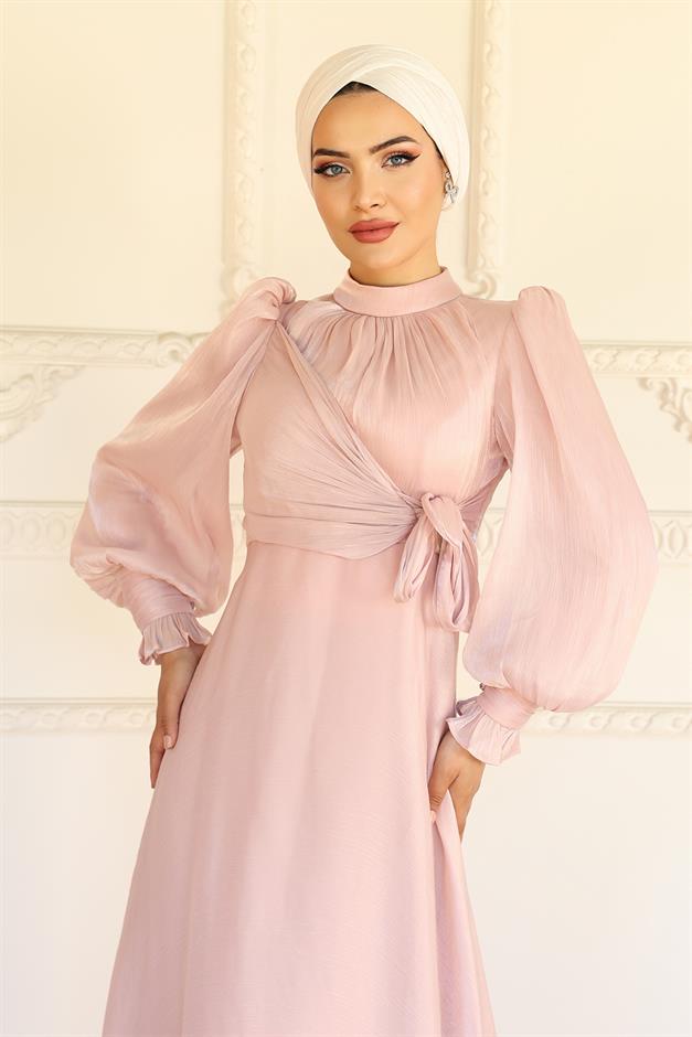 فستان سهرة حرير من يوريو مع تفاصيل رباط جانبي مسحوق 1241