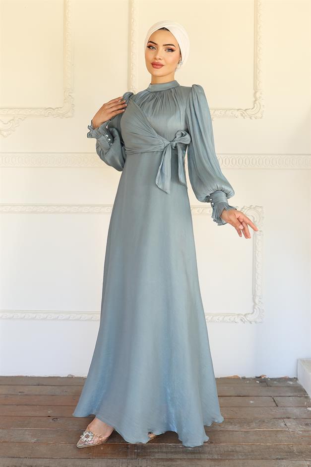 فستان سهرة حرير من يوريو مع تفاصيل رباط جانبي أخضر مائي 1241