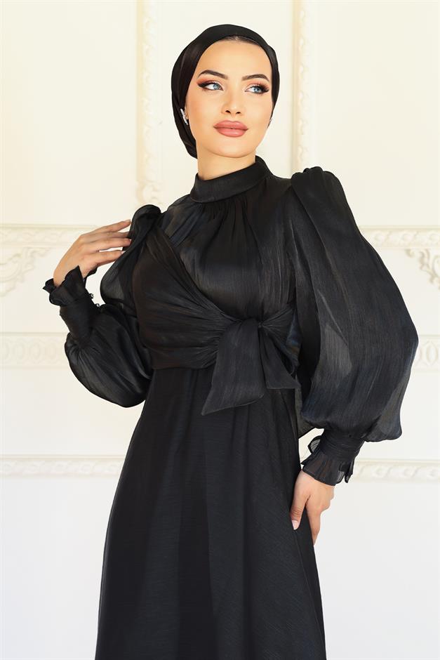 فستان سهرة حرير من يوريو مع تفاصيل رباط جانبي أسود 1241