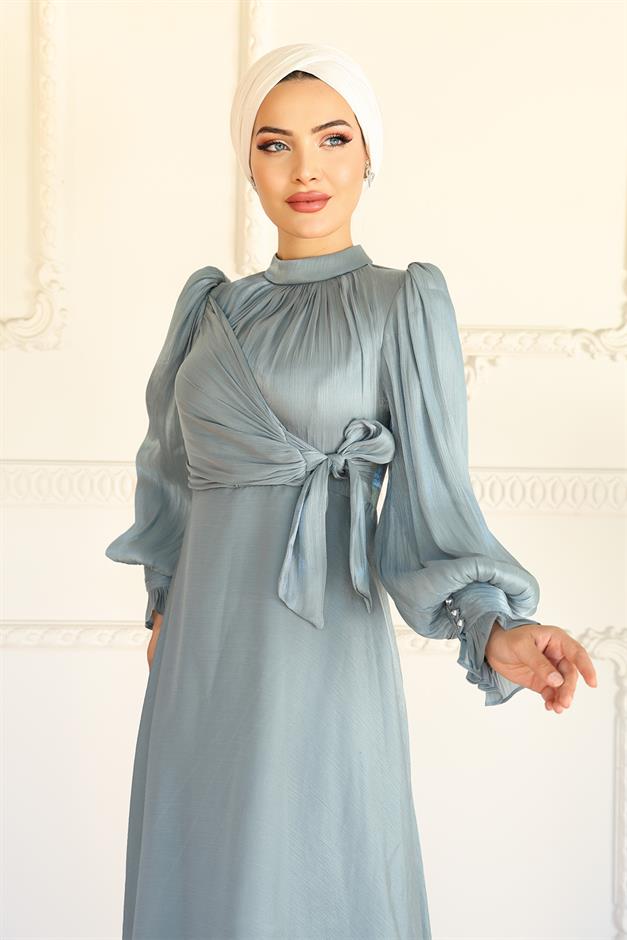 فستان سهرة حرير من يوريو مع تفاصيل رباط جانبي أخضر مائي 1241