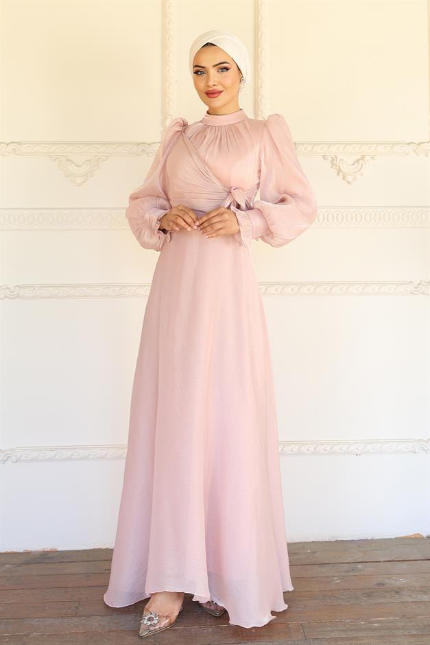 فستان سهرة حرير من يوريو مع تفاصيل رباط جانبي مسحوق 1241