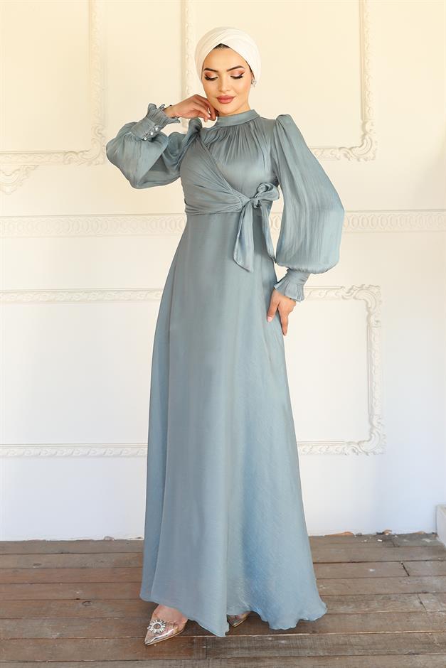 فستان سهرة حرير من يوريو مع تفاصيل رباط جانبي أخضر مائي 1241