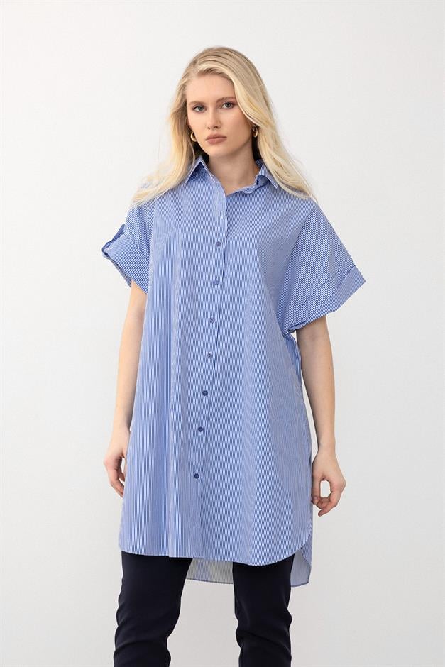 Striped Poplin Tunic with Side Slits BLUE 9283