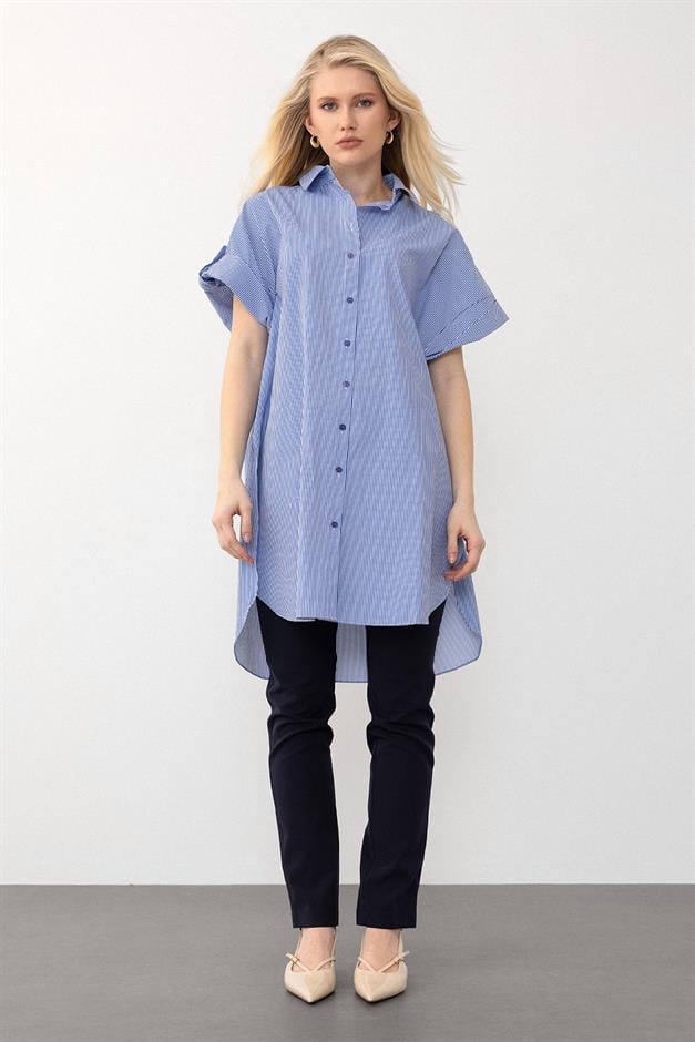 Striped Poplin Tunic with Side Slits BLUE 9283