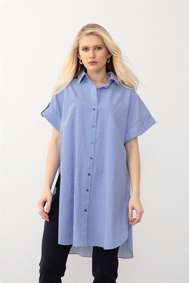 Striped Poplin Tunic with Side Slits BLUE 9283