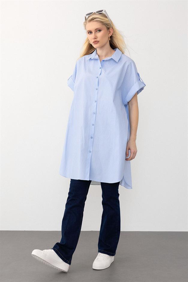 Striped Poplin Tunic with Side Slits LIGHT BLUE 9283